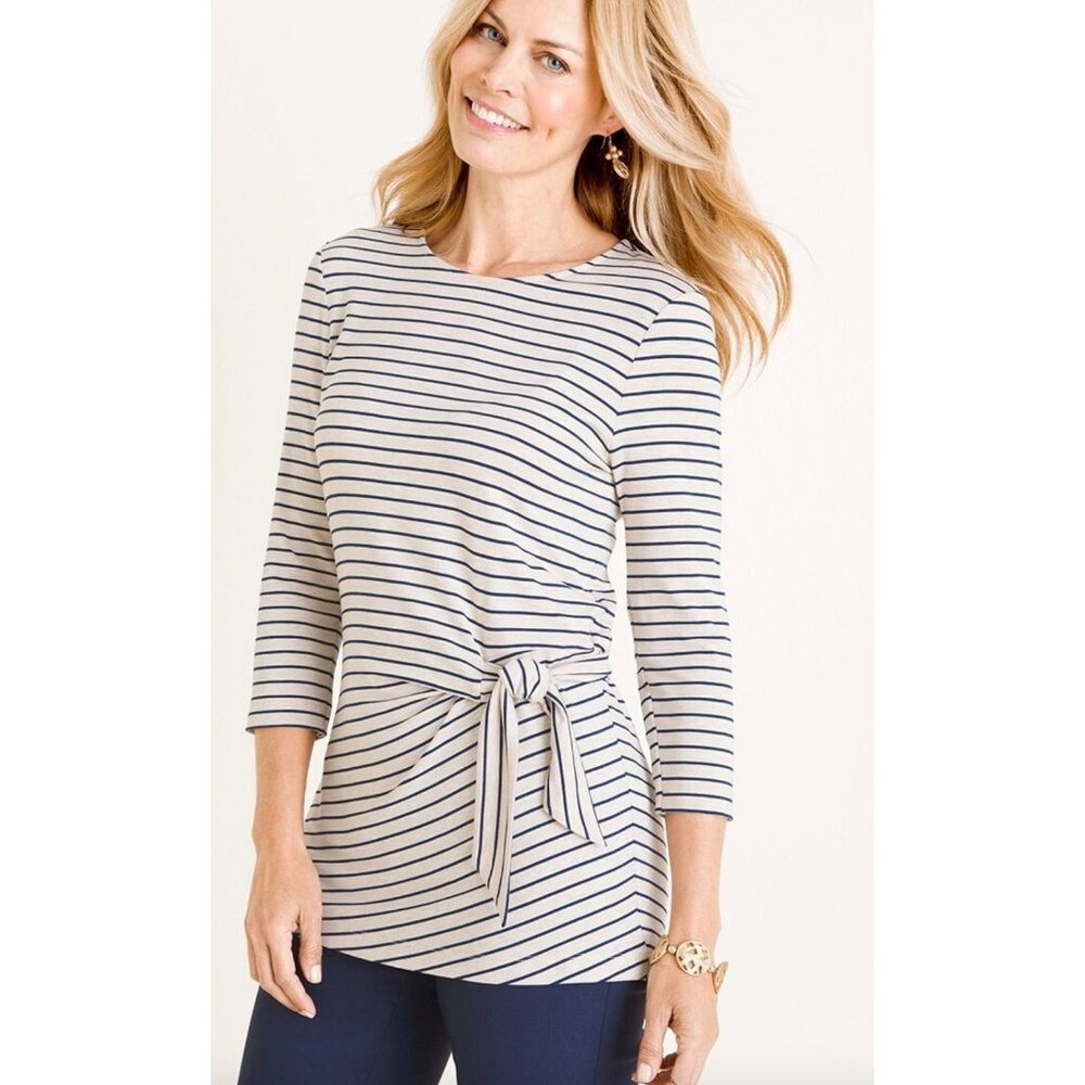 Chicos Womens Striped 3/4 Sleeve Top tunic Side Tie beige blue rayon knit